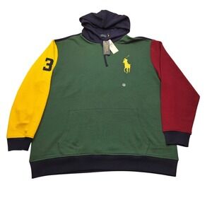 NWT Polo Ralph Lauren Big Pony Color Blocked Hoodie Sweatshirt Rugby Mens‎ 3XT